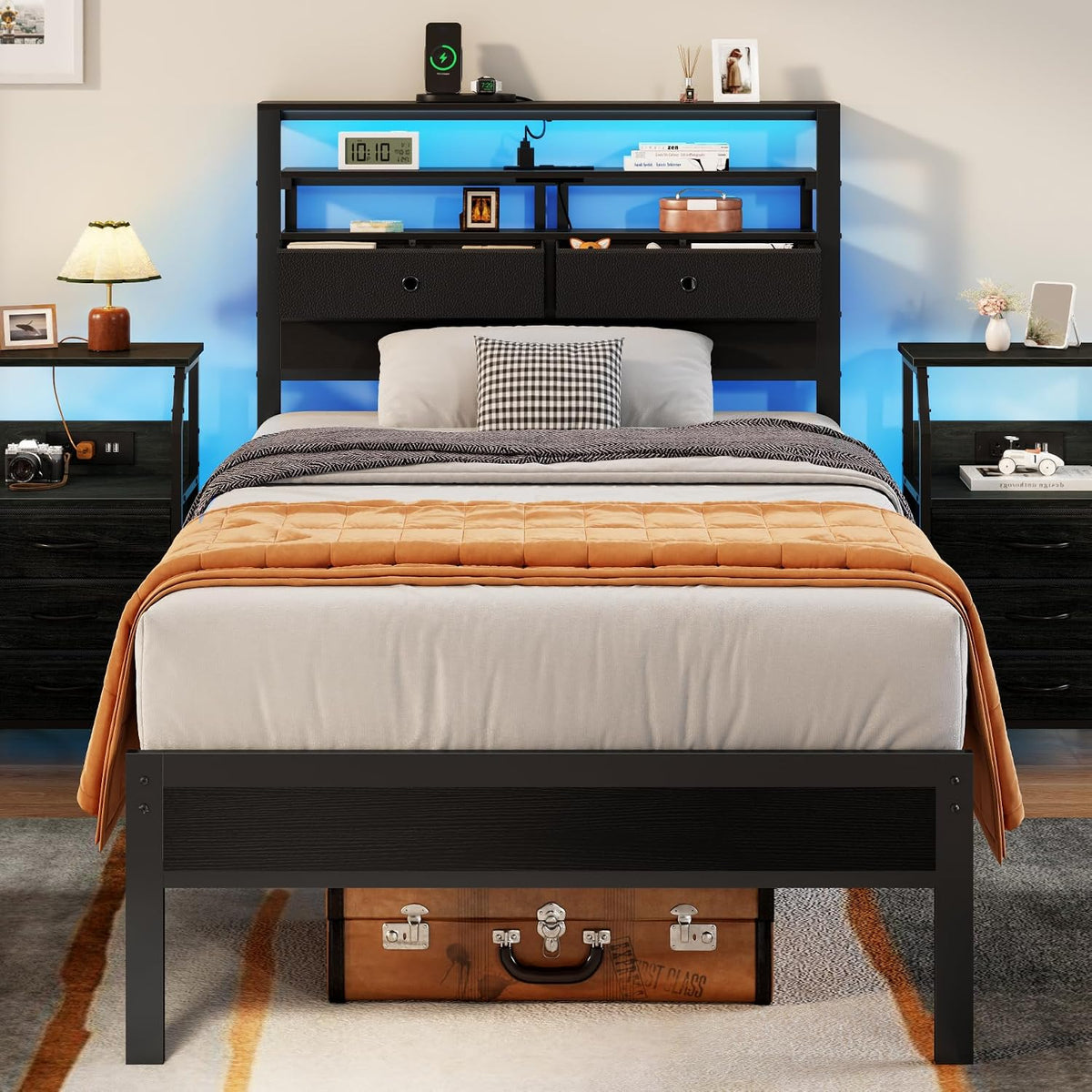 Furnulem Twin Bed Frames with Charging Station and LED Lights, Black Oak