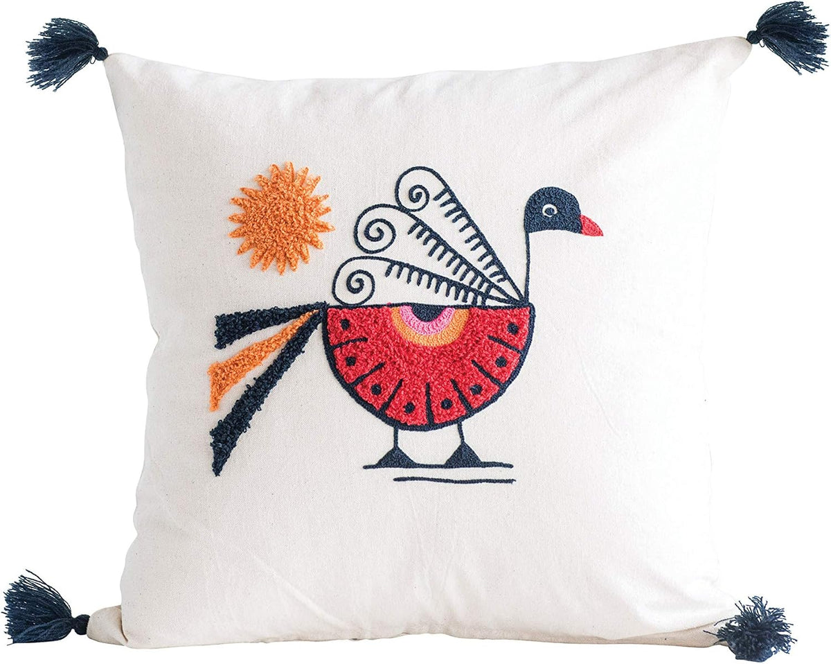 Bloomingville Square Cotton Pillow with Embroidered Peacock, Orange Sun & Corner Tassels