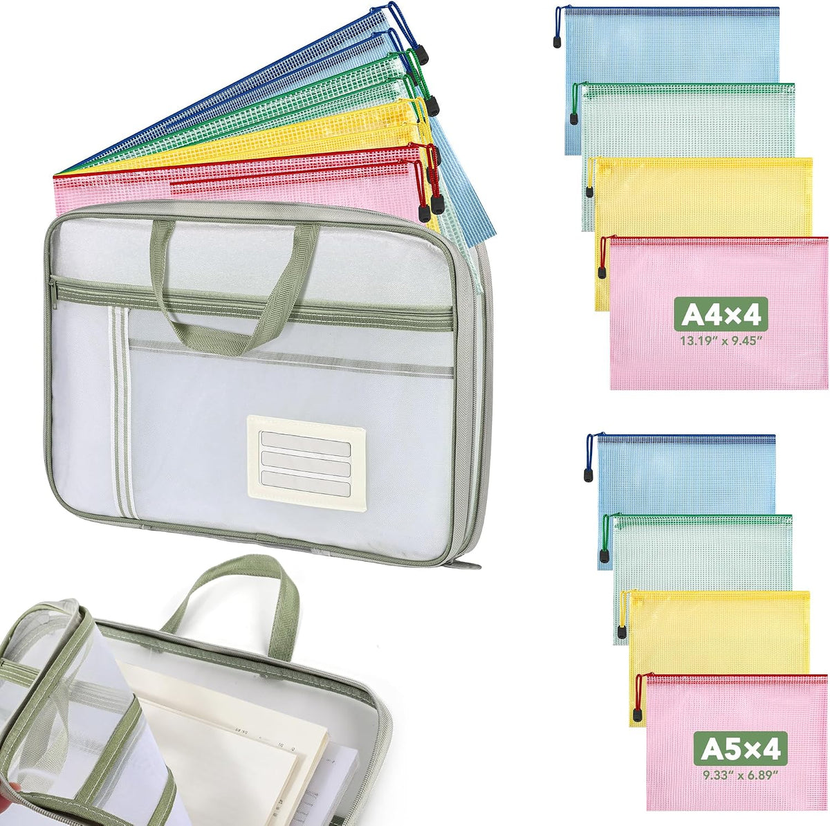 8 Mesh Zipper Pouches + 1 File Organizer Bag,9‑Pc Document Organizer Set