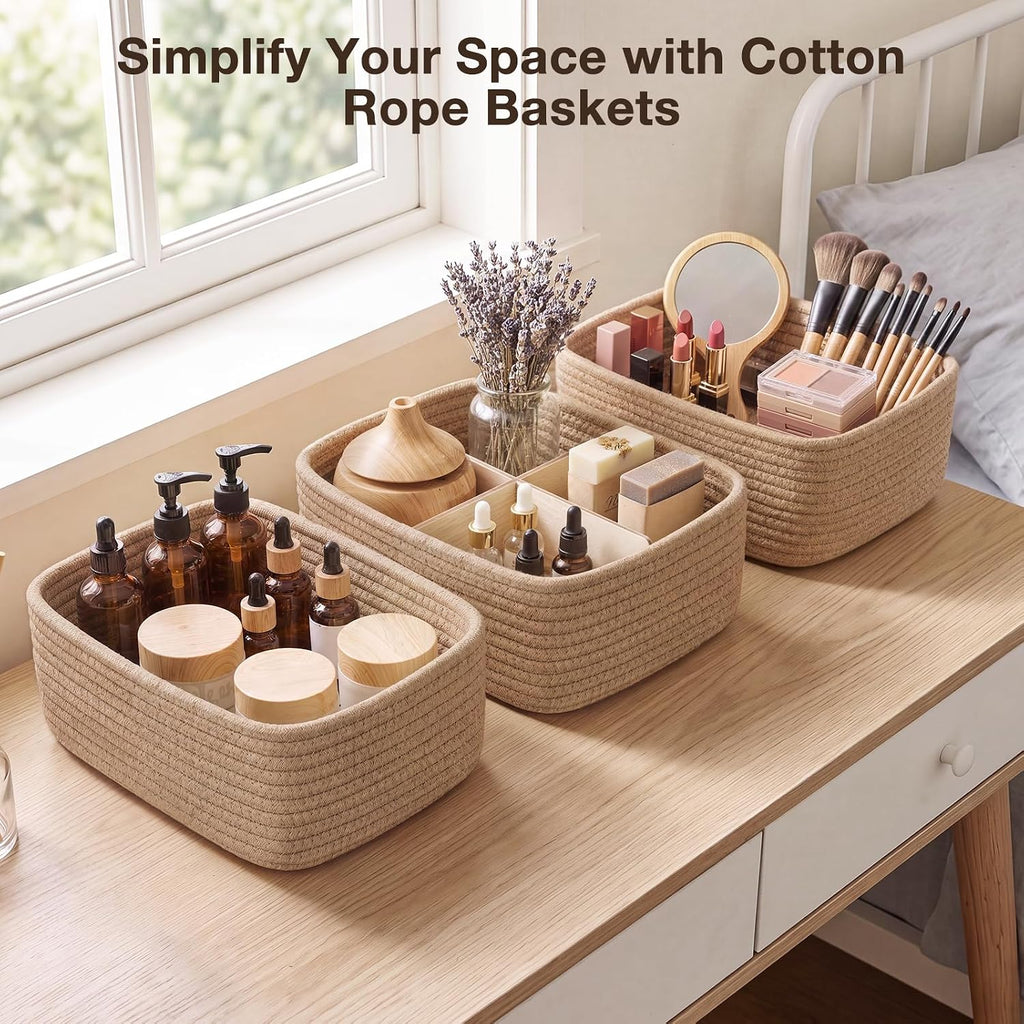 3 Pack Small Woven Storage Baskets for Organizing, Shelf Baskets, Brown