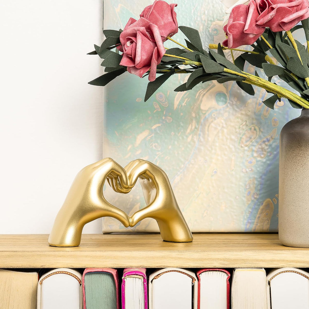Gold Decor Living Room - Small Shelf Decor Aesthetic - Heart Hands Sculpture - Teen Girls Bedroom Knick Knacks - Cute Home Shelves Accent - Ta (Gold, Small)