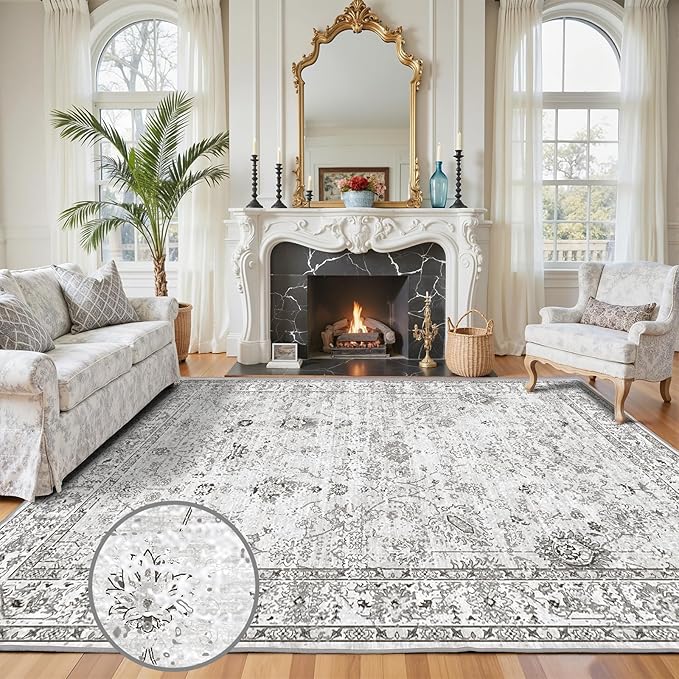 Grey White Area Rugs 9x12 Living Room, Washable Rug Non Slip Floral Low Pile by WelcometoBabovid