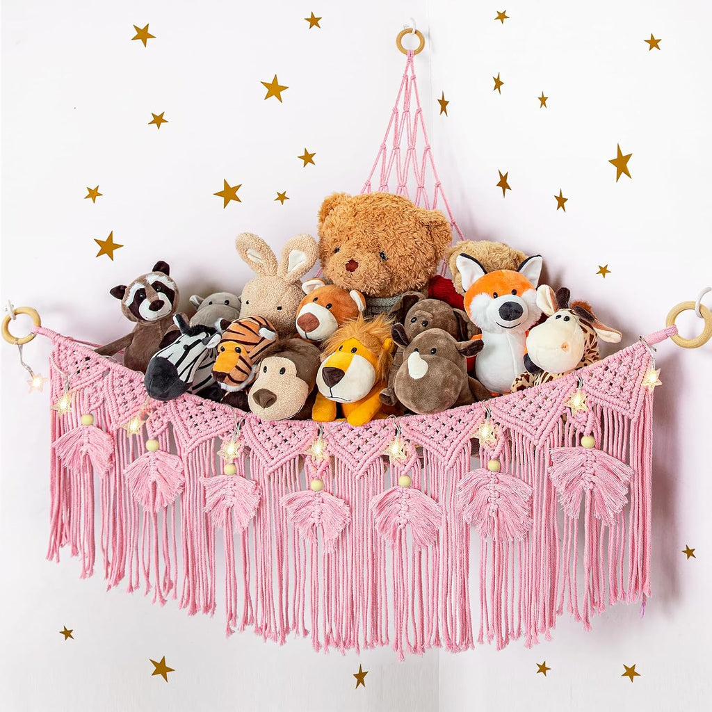 Macrame Stuffed Animal Storage with Star Light, Corner Hammock for Nursery