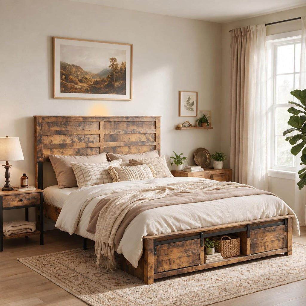 KEIKI Queen Size Bed Frame,Wood Platform Bed Frame with Storage Headboard
