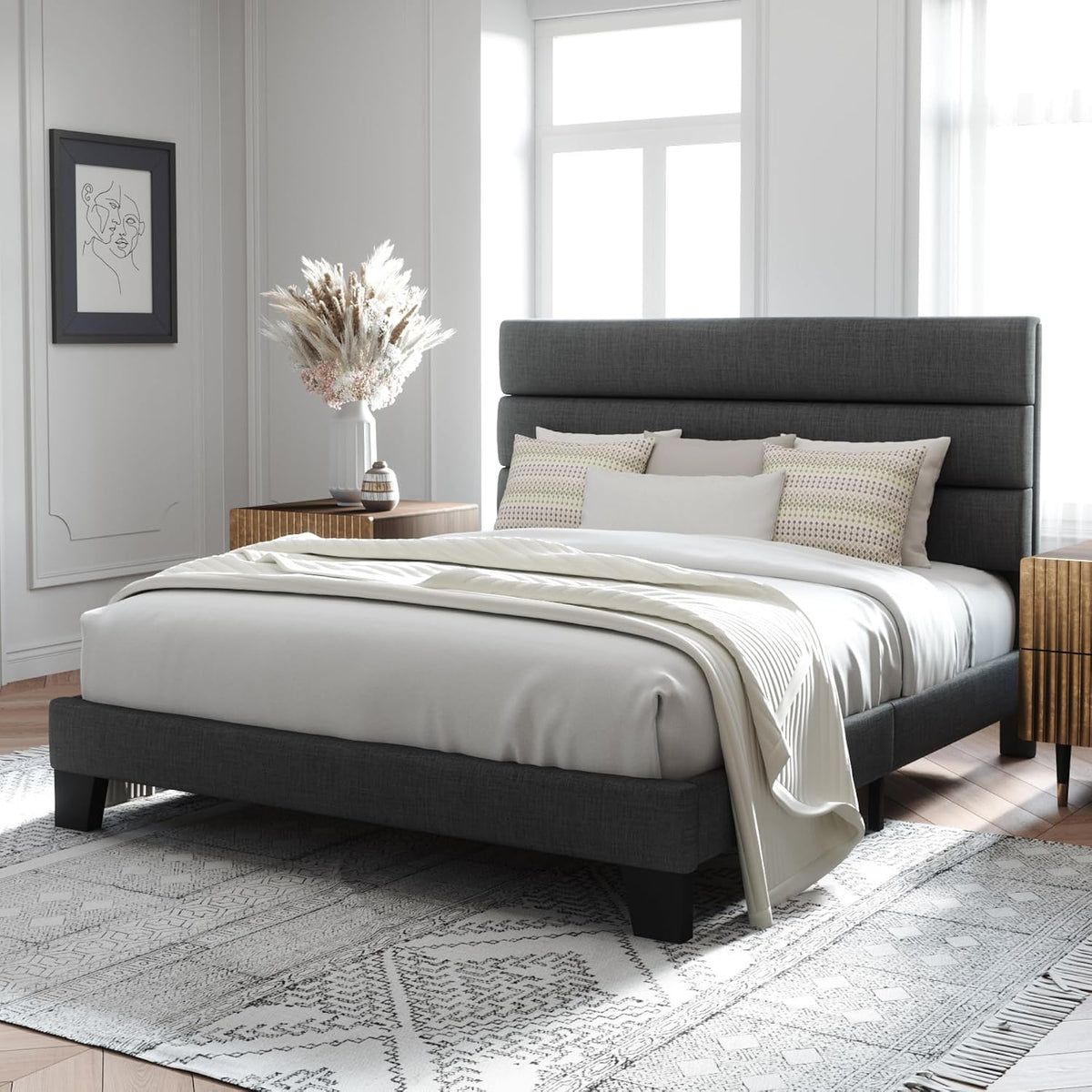 Allewie Queen Size Platform Bed Frame with Fabric Upholstered Headboard