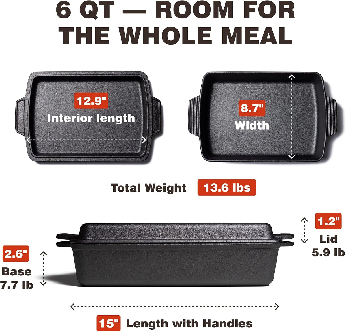 KUHA Square Cast Iron Dutch Oven, Skillet Lid and Casserole Dish, 3.75 QT