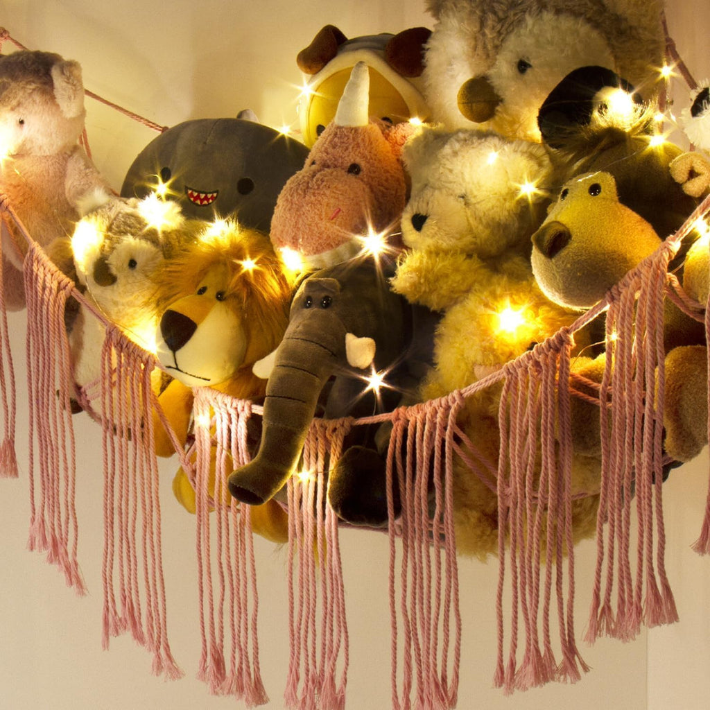 RelaxScene Stuffed Animal Storage Hammock Corner X-Large with LED Light - Baby Hammock Hanging Holder Plushies Net for Stuff Animals Organizer - Cute Room Decor Aesthetic Kids Toddler Nursery Bedroom