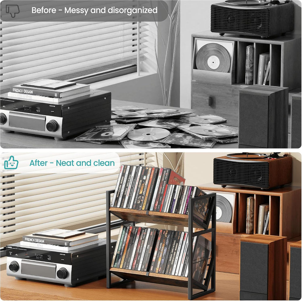 2 Tier CD Storage Rack, Wooden DVD Holder with Adjustable Dividers