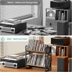 2 Tier CD Storage Rack, Wooden DVD Holder with Adjustable Dividers