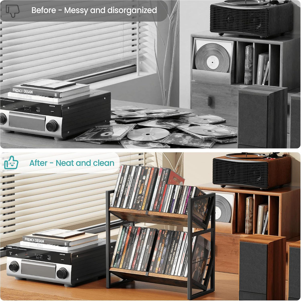 2 Tier CD Storage Rack, Wooden DVD Holder with Adjustable Dividers