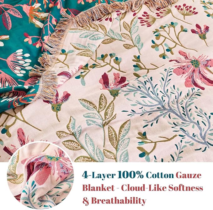 MSGKV Boho Throw Blanket for Couch 50"x60" Floral 100% Cotton Blanket Spring - Image 3