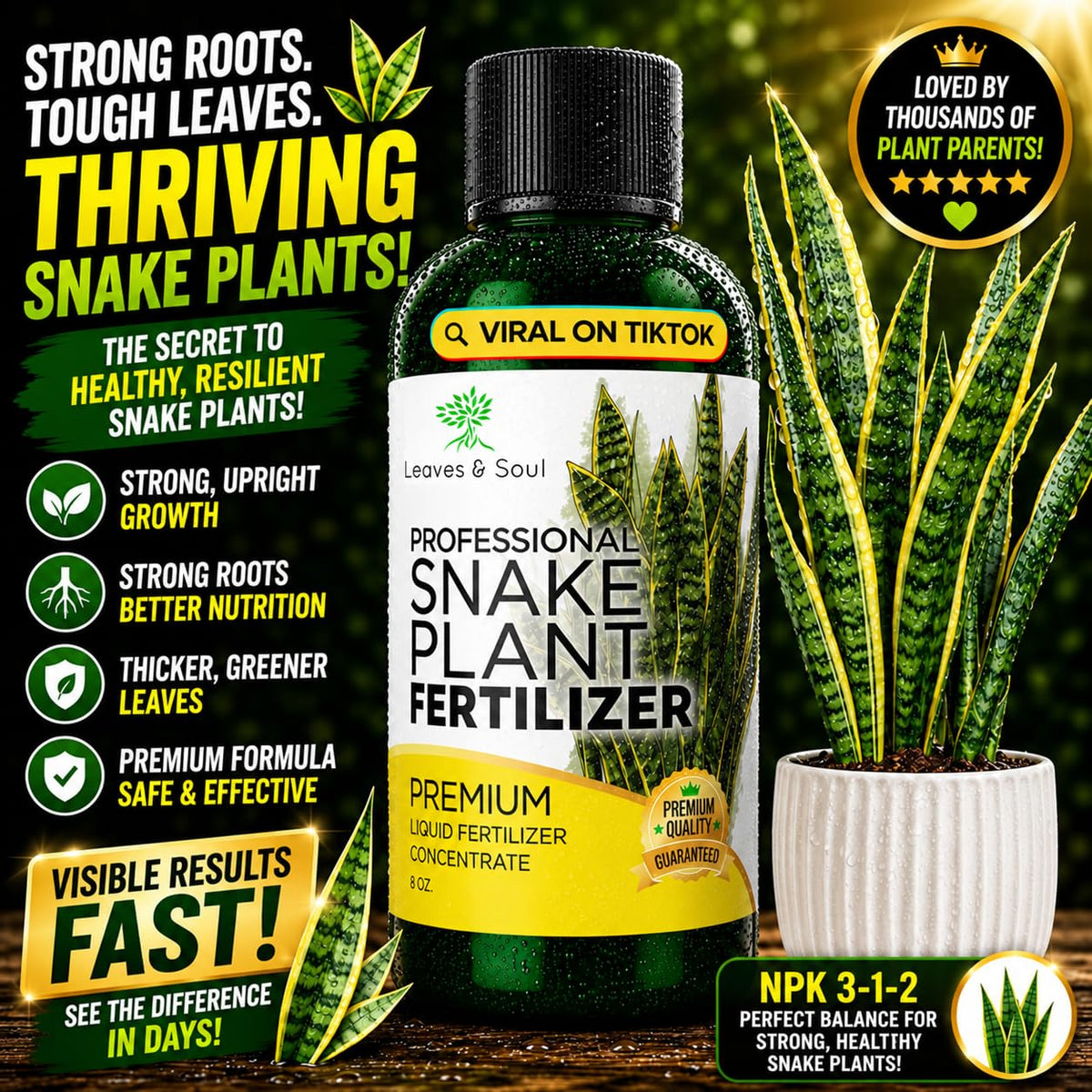 Professional Liquid Snake Plant Fertilizer 3-1-2 Concentrate 8 oz, Premium Snake Plant Food for Indoor Plants, Liquid Fertilizer for Snake Plants and Houseplants, Made in USA