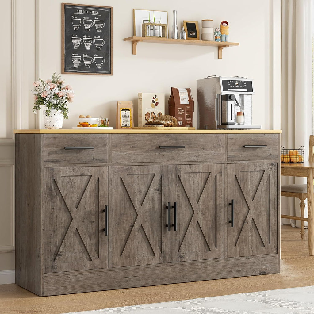 Vongrasig Buffet Cabinet with Storage, Farmhouse Coffee Bar Cabinet with Drawers, 53” Large Modern Sideboard Buffet with Adjustable Shelves for Kitchen, Dining Room, White