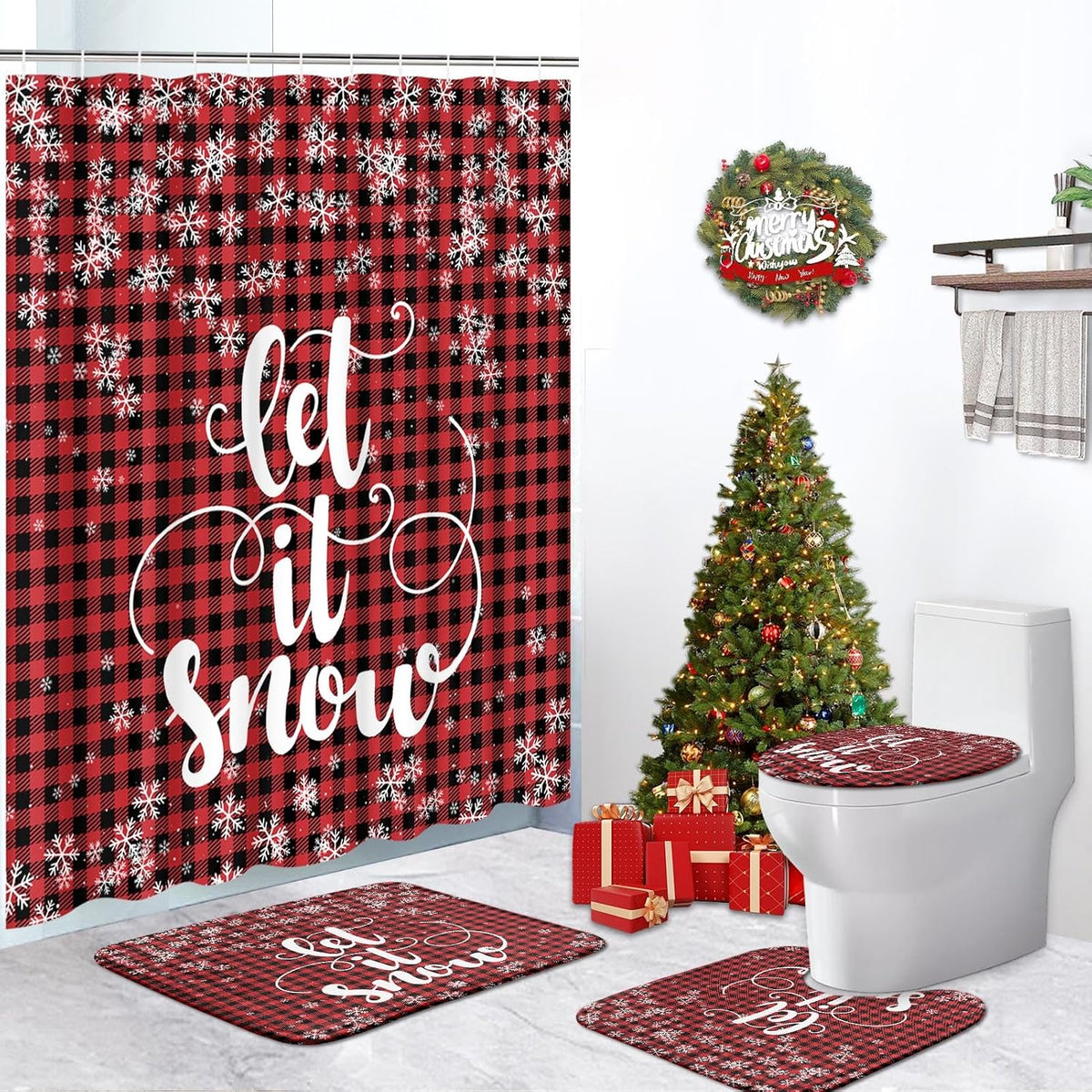ArtSocket Christmas Bathroom Sets with Shower Curtain and Rugs, Buffalo