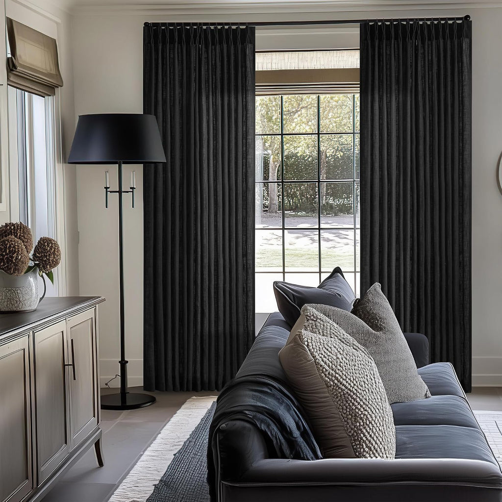 TWODRAPES Black Pinch Pleated Linen Semi Sheer 84 Inch Curtains 2 Panels