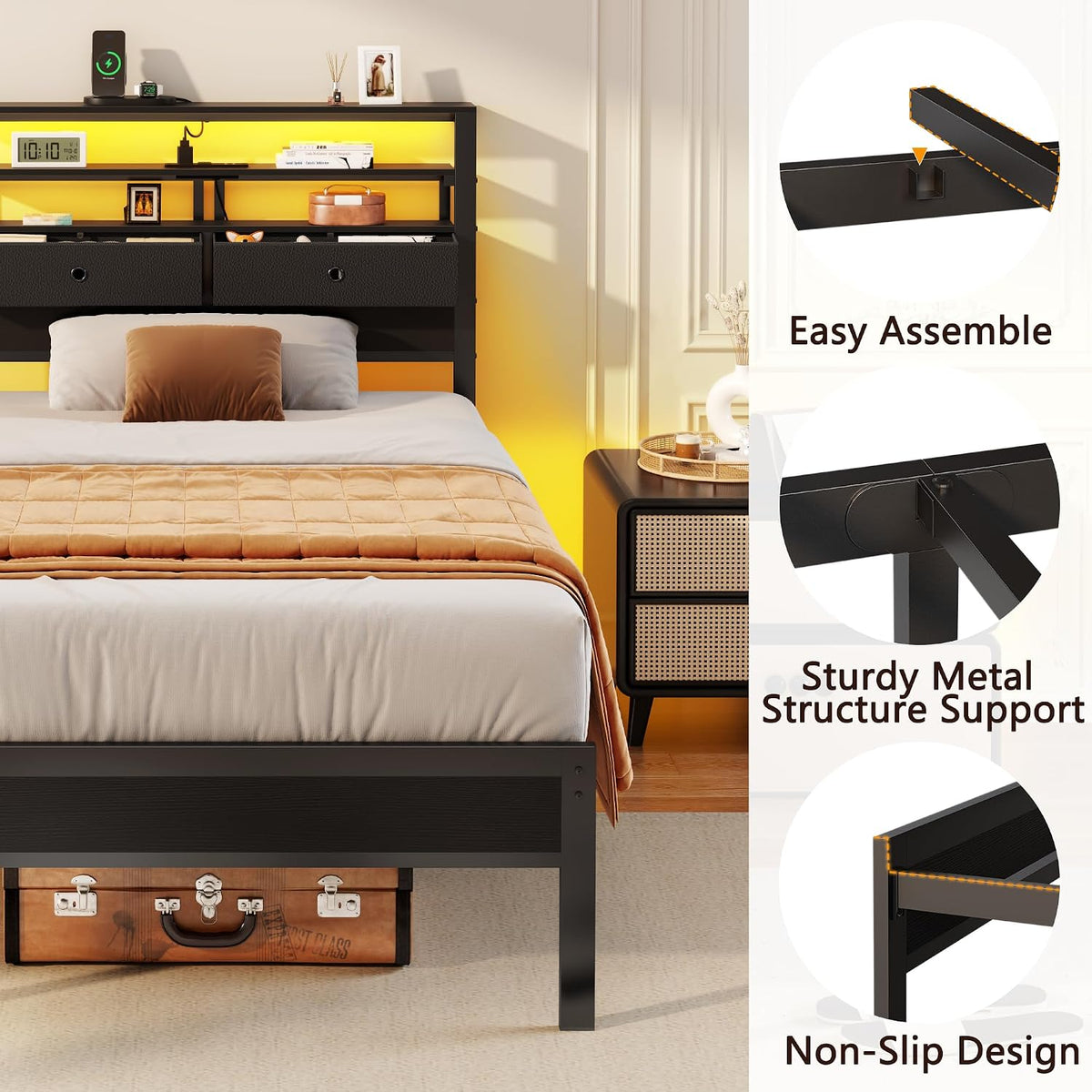 Furnulem Twin Bed Frames with Charging Station and LED Lights, Black Oak