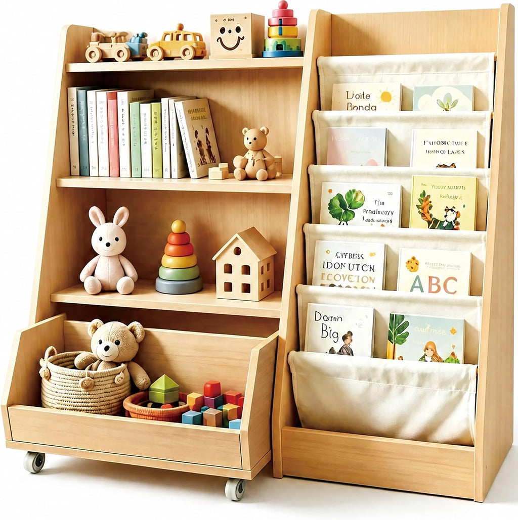 Kids Bookshelf and Toy Storage - Wooden Toddler Book Shelf with Drawer