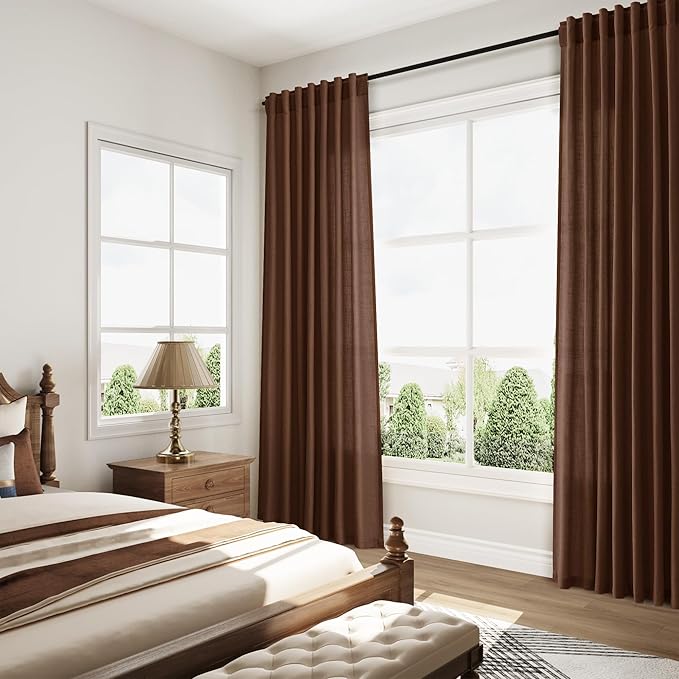 Mocha Brown Linen Curtains 102 Inches Long Rod Pocket Back Tab Drapes 2 Panels - Image 7