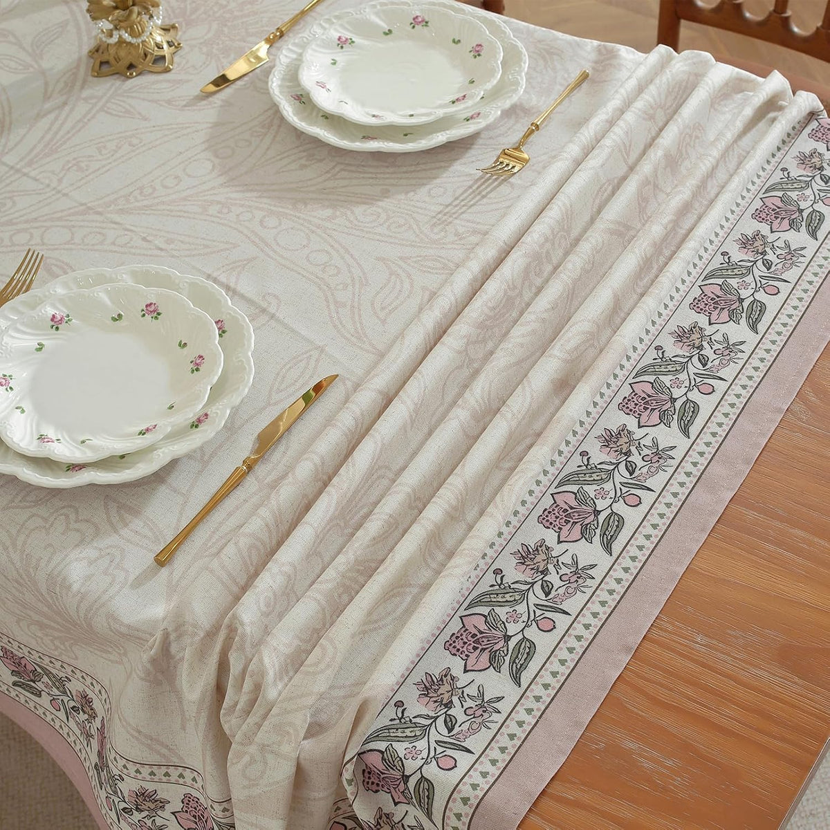 Vintage Pink Linen Blend Floral Rectangle Tablecloth 120" x 55"