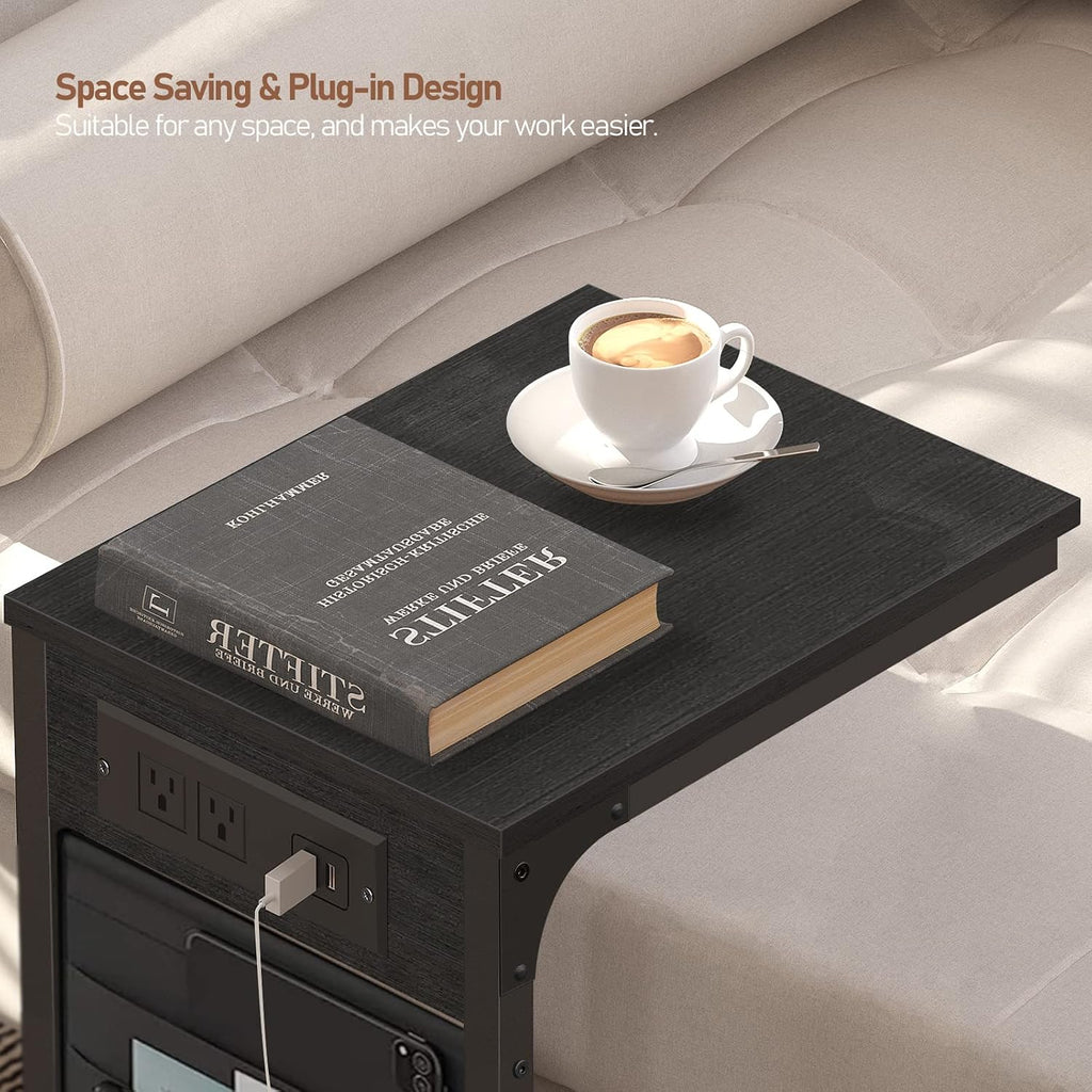 TUTOTAK C Shaped End Table with Charging Station, Side Table for Sofa