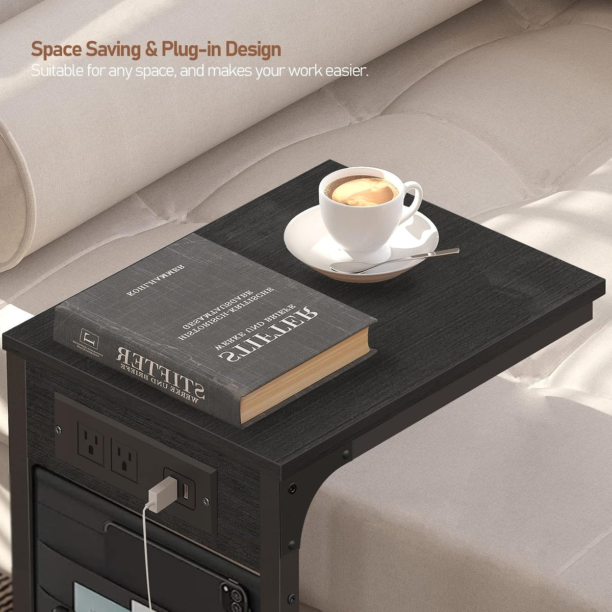TUTOTAK C Shaped End Table with Charging Station, Side Table for Sofa