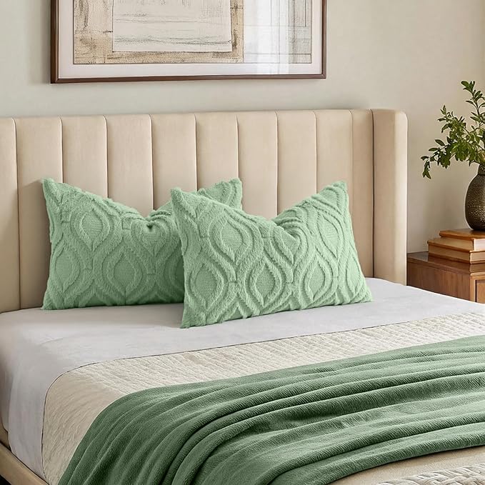 decorUhome Throw Pillow Covers 12x20 Inch Set of 2, Soft Plush Faux Wool Sage - Image 7