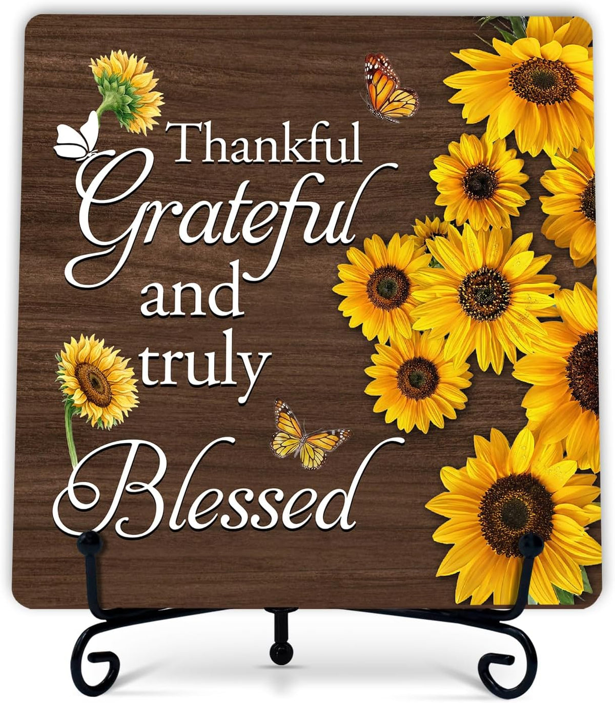 Sunflower Wooden Table Decor, Inspirational Sunflower Kitchen Decor and Accessories for Rustic Farmhouse, Butterfly Decoration for Home Bathroom Office Living Room (Multicolor Wooden textured)