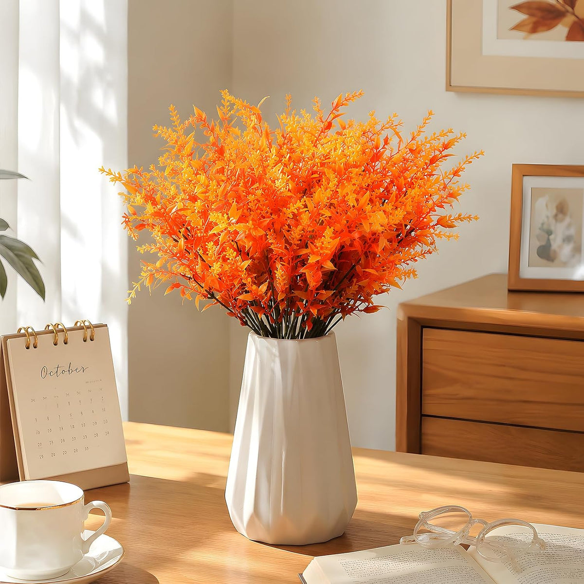 CLEANGOR 24 Pcs Artificial Fall Lavender Flowers for Outdoors (Orange)