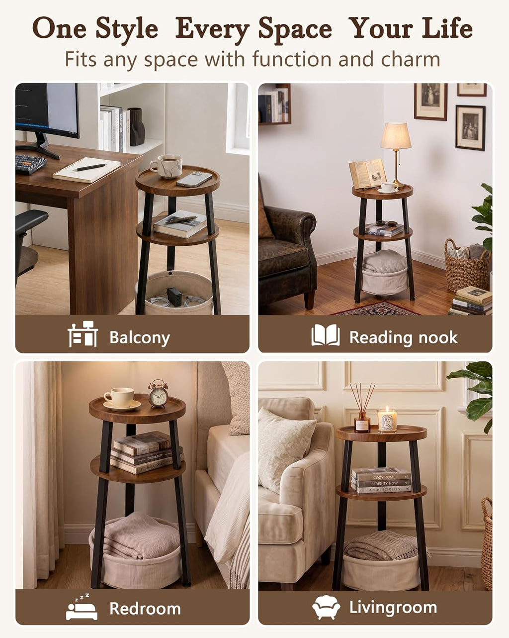 Small Round Side Table, 3-Tier End Table with Storage Basket