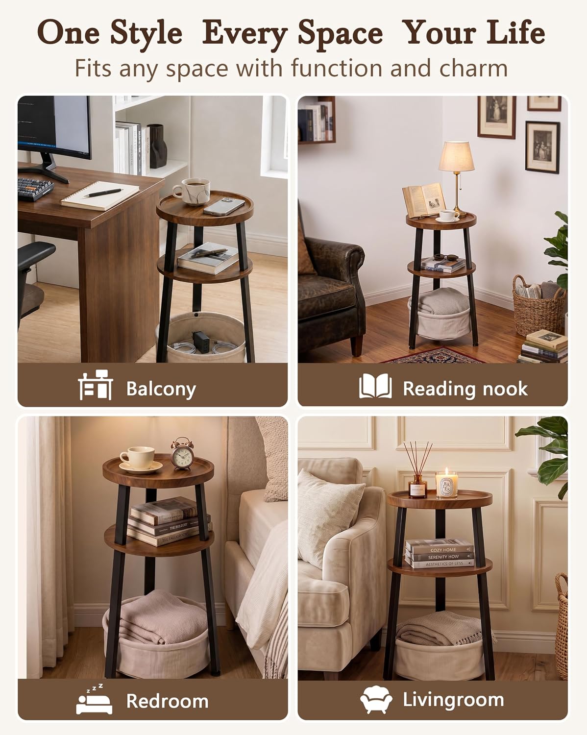 Small Round Side Table, 3-Tier End Table with Storage Basket