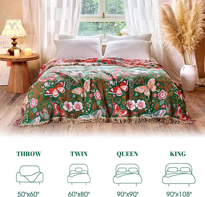 MSGKV Boho Throw Blanket for Couch 50"x60" Butterfly Floral 100% Cotton Blanket - Image 5