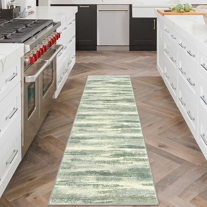 Lansny Modern Abstract Runner Rug 2x6, Sage Green Grey Washable Entryway Runner - Image 2