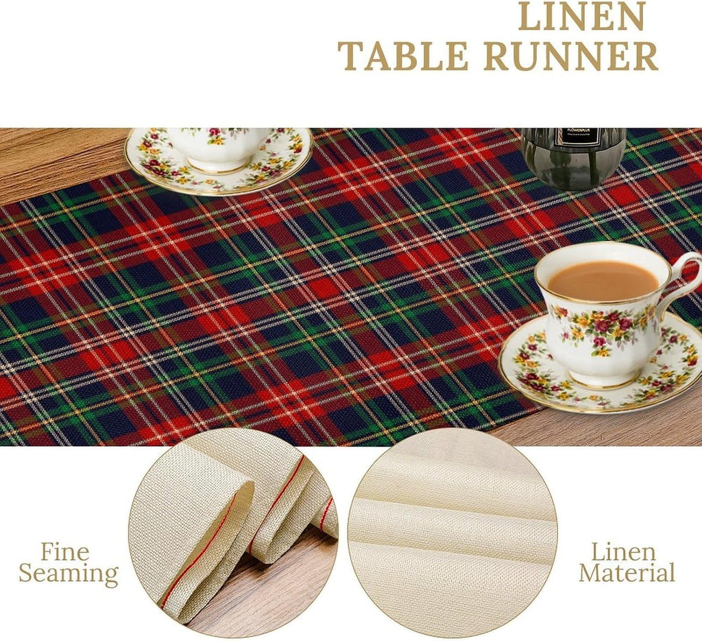 Christmas Plaid Table Runner, Red Green Checkered Tartan Style Print Seasonal Table Runner for Kitchen Dinning Coffee Table Decor Home Party Holiday, 13x90 Inch
