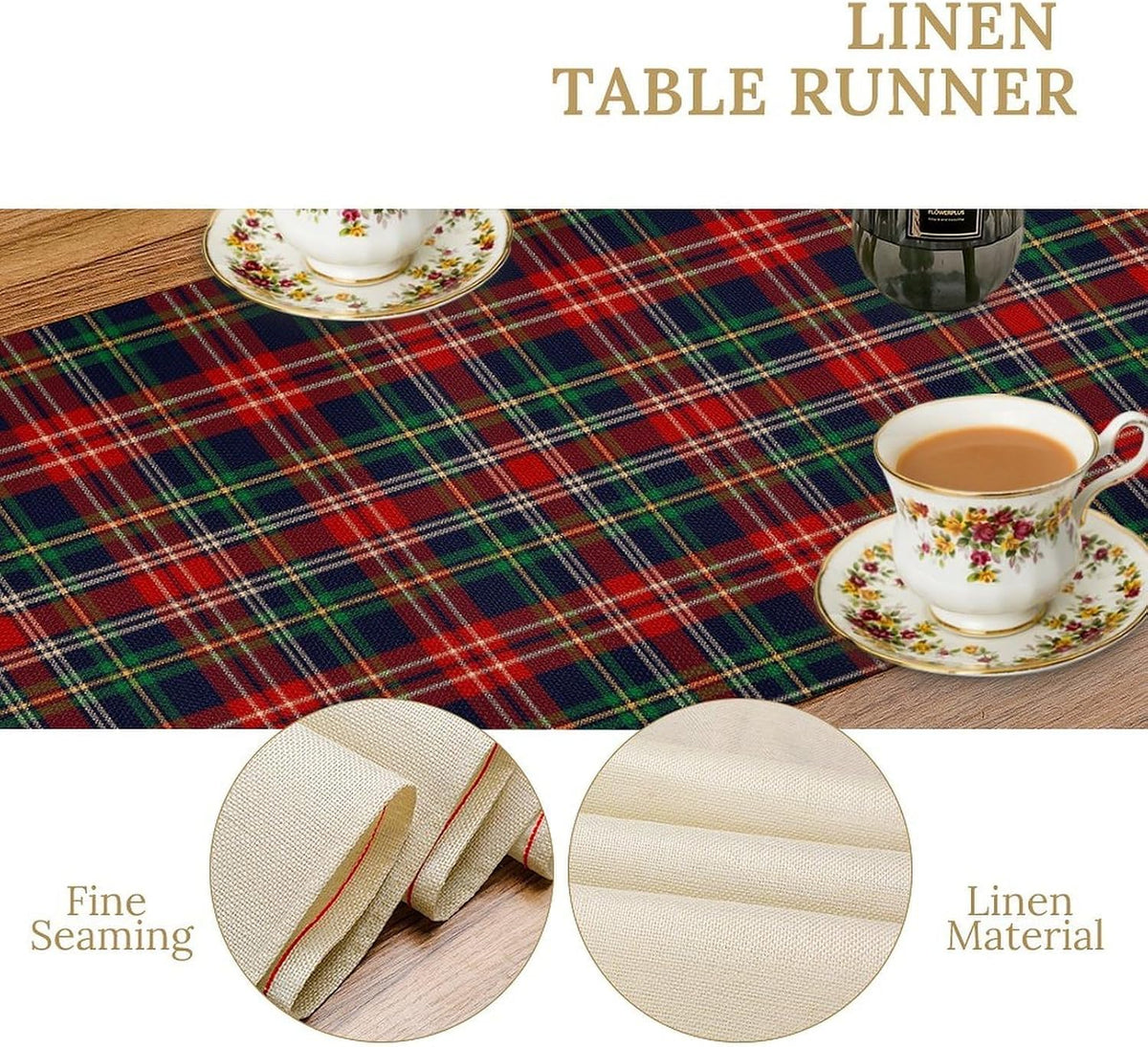 Christmas Plaid Table Runner, Red Green Checkered Tartan Style Print Seasonal Table Runner for Kitchen Dinning Coffee Table Decor Home Party Holiday, 13x90 Inch