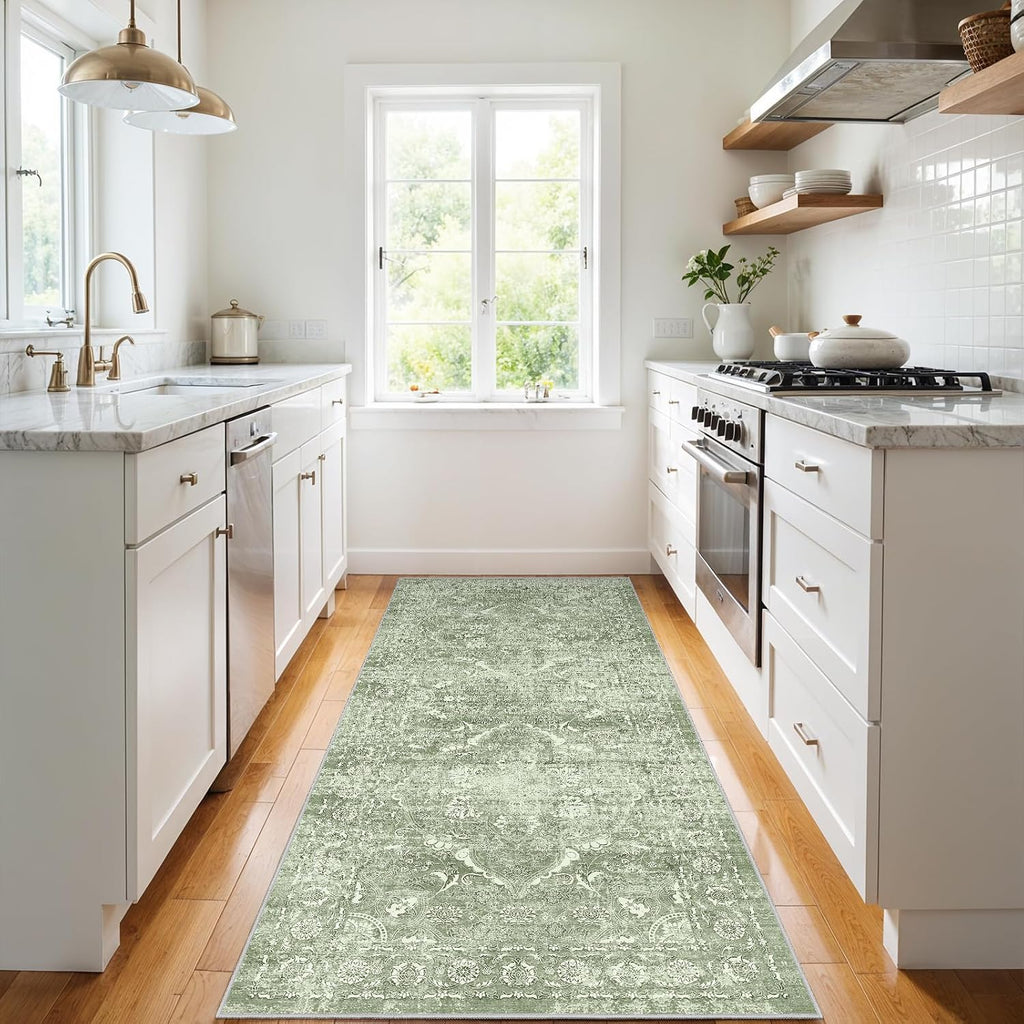 3x6 Washable Runner Rug: Vintage Medallion Kitchen Soft Rugs SageGreen