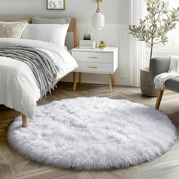 Round Rugs 5Ft White Circle Area Rug, Fluffy Fuzzy Bedroom Carpets by Amdrebio