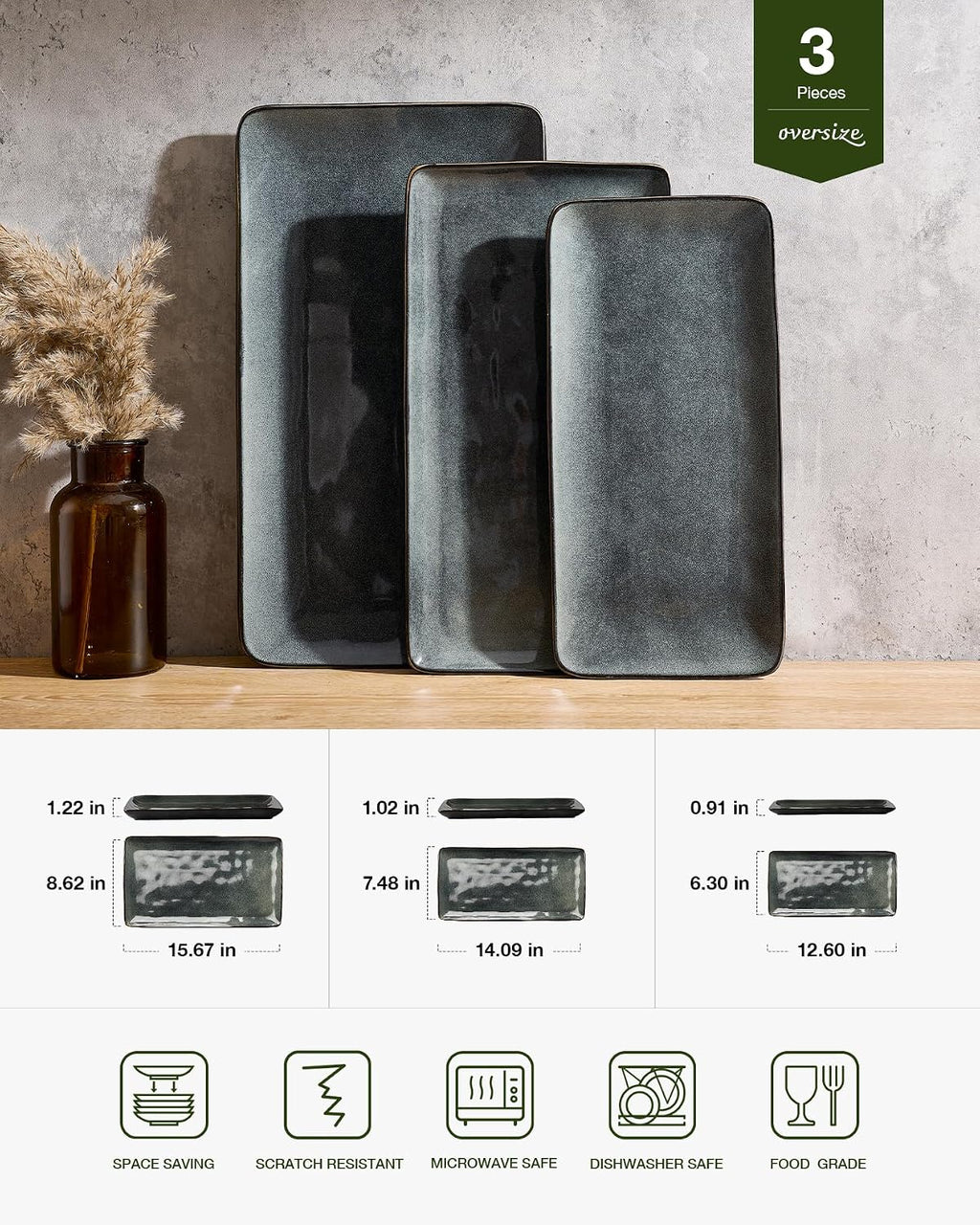 Famiware Serving Platters Set of 3 Sizes - Rectangular, Deep Forest
