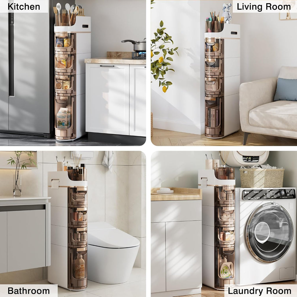 VECELO 4-Tier Slim Bathroom Storage Cabinet with Wheels, Skinny Bathroom Storage Cabinet with Drawers, Toilet Paper Holder, Movable Narrow Floor Cabinet for Small Space, Bathroom