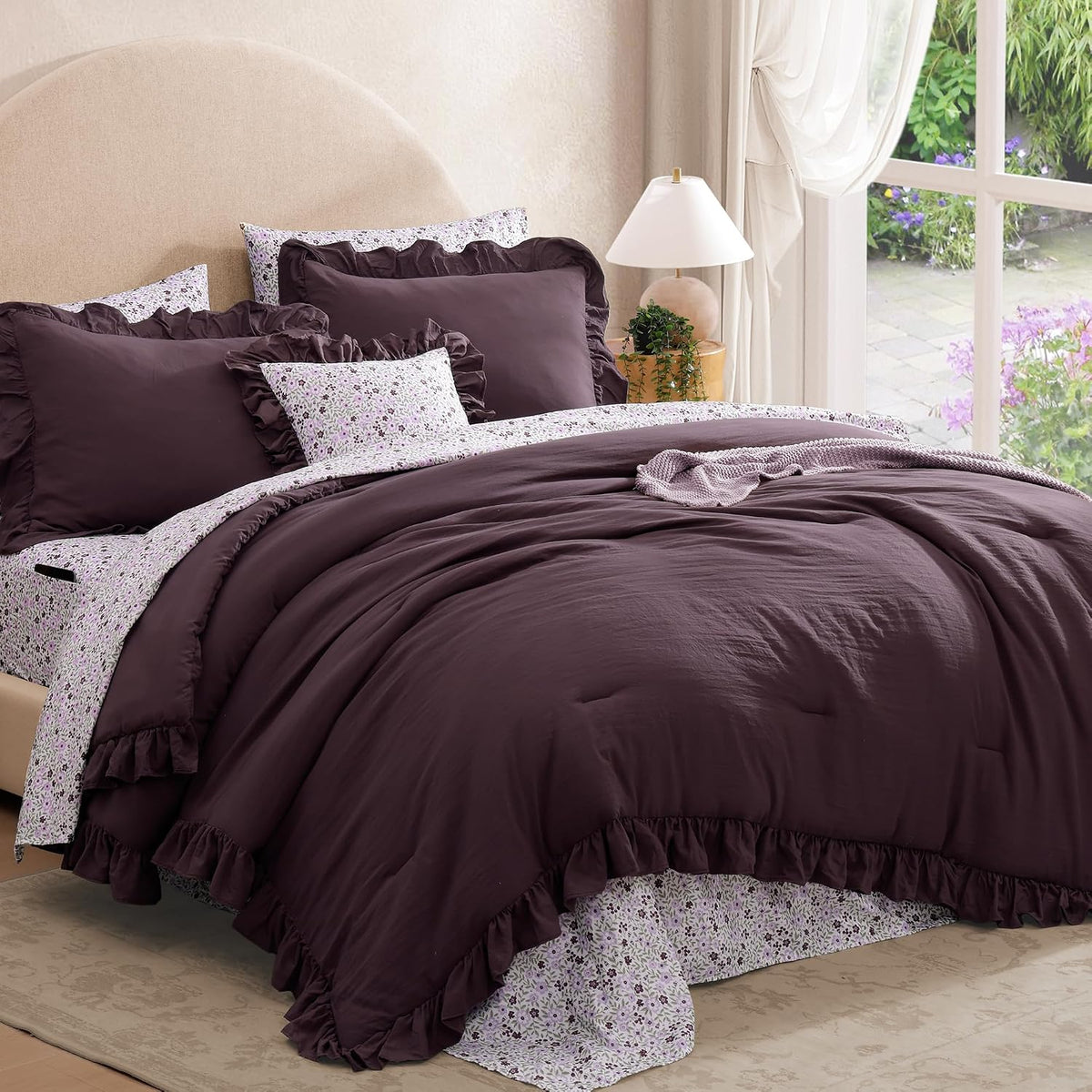 BLOOMHAVEN Queen Comforter Set-7 Pieces Ruffle Bedding with Floral Sheet