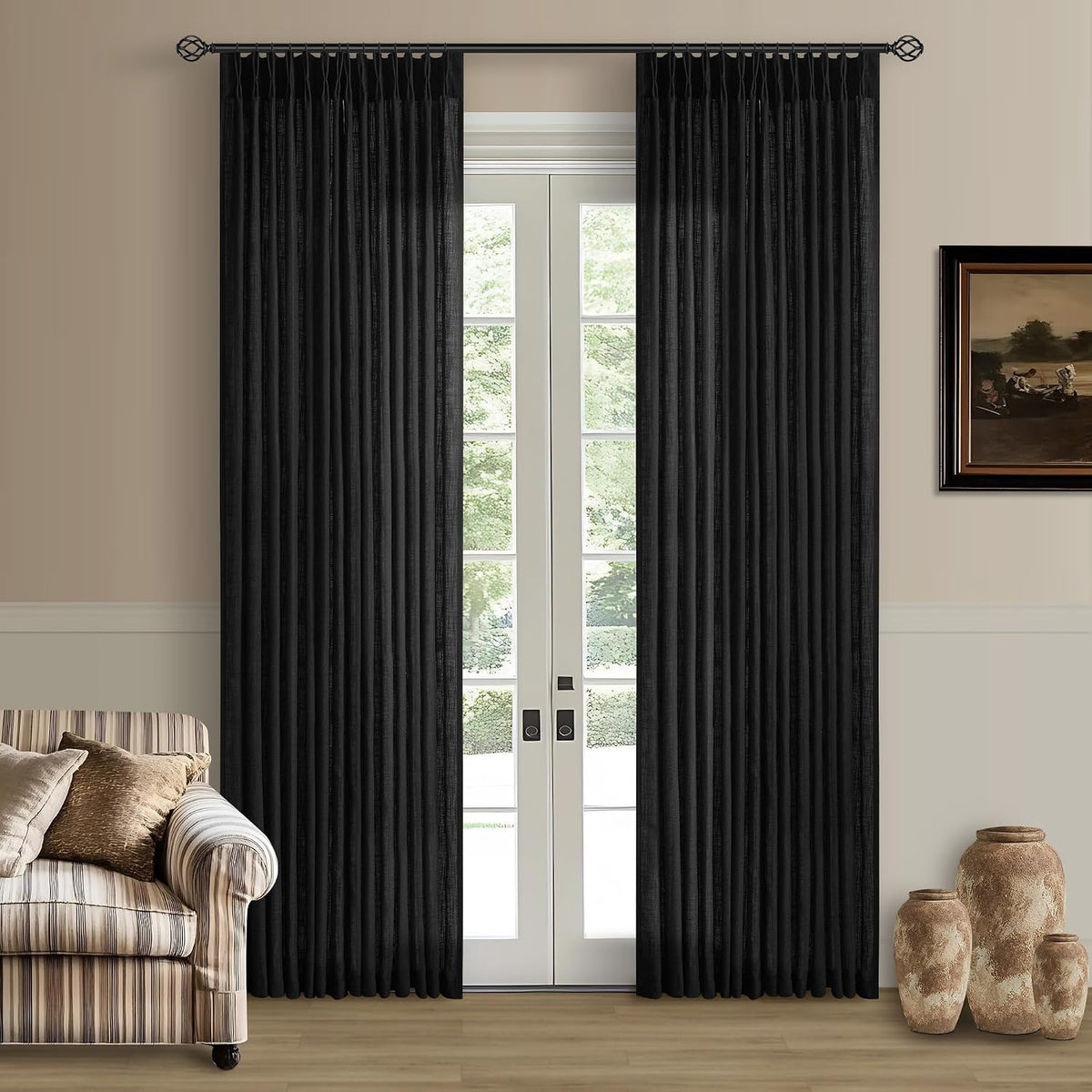 TWODRAPES Black Pinch Pleated Linen Semi Sheer 84 Inch Curtains 2 Panels