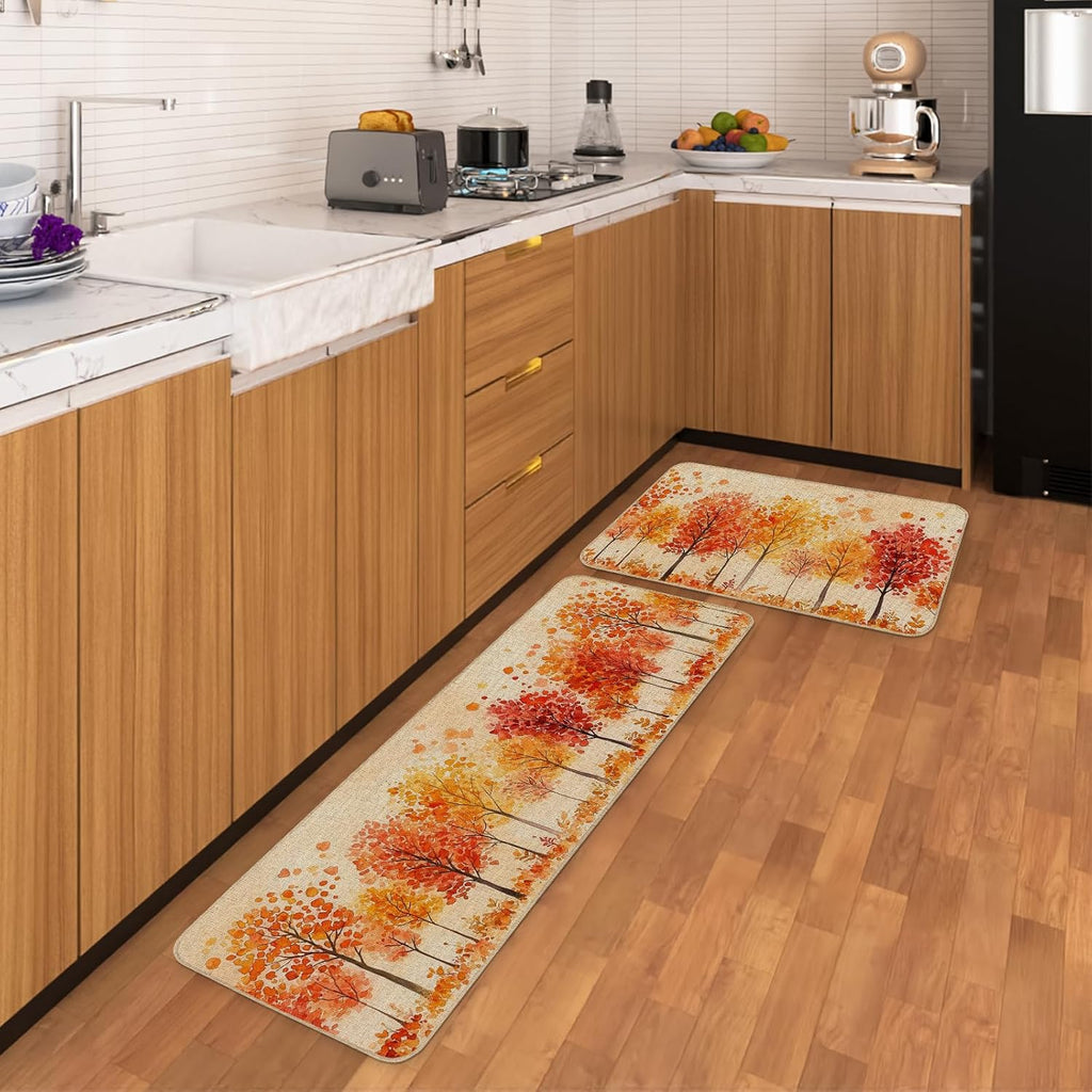 Watercolor Fall Maple Trees Kitchen Rugs Set of 2, 17x29 and 17x47 Inch