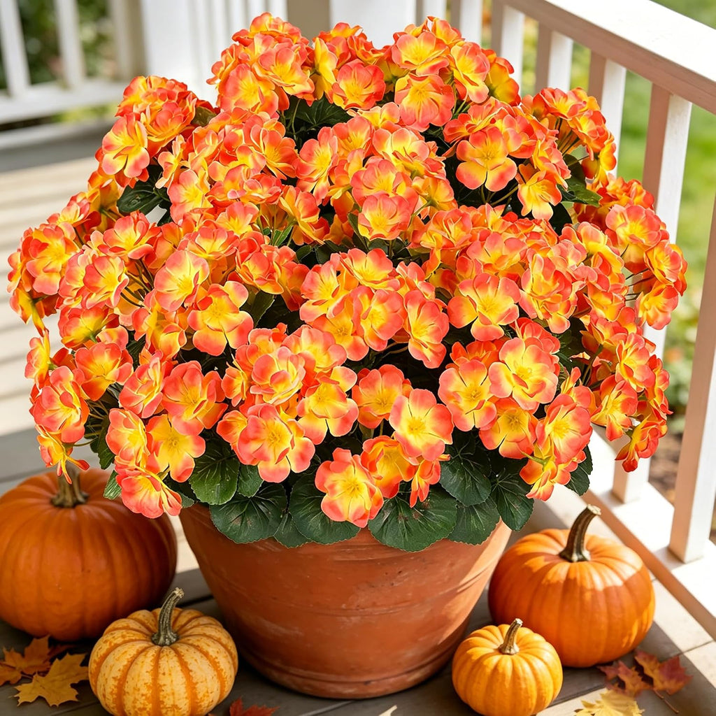 Artificial Fall Flowers for Outdoors, 6PCS Silk Geraniums, Sunset
