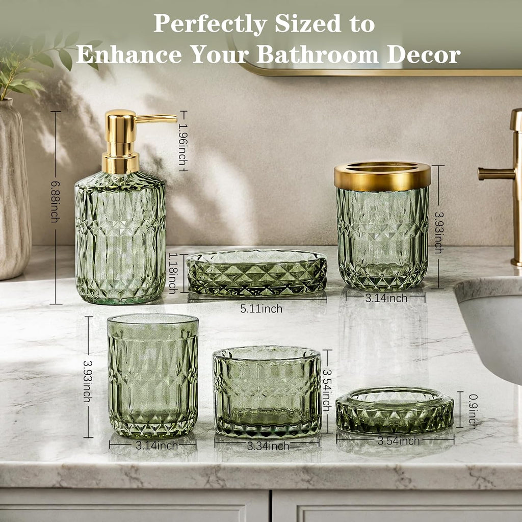 Green Bathroom Accessories Set, 5Pcs Clear Glass Green Accessories with Lotion Soap Dispenser, Soap Dish, Toothbrush Holder, Tumbler, Cotton Swab Jar, Modern Bathroom Decor Crystal Vintage Gift