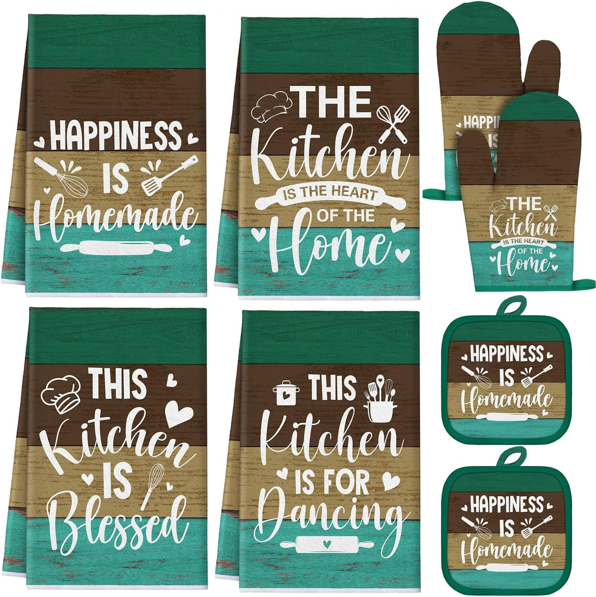 Fourluoo 8 Pcs Teal Green Kitchen Towels Oven Mitts and Pot Holders Sets