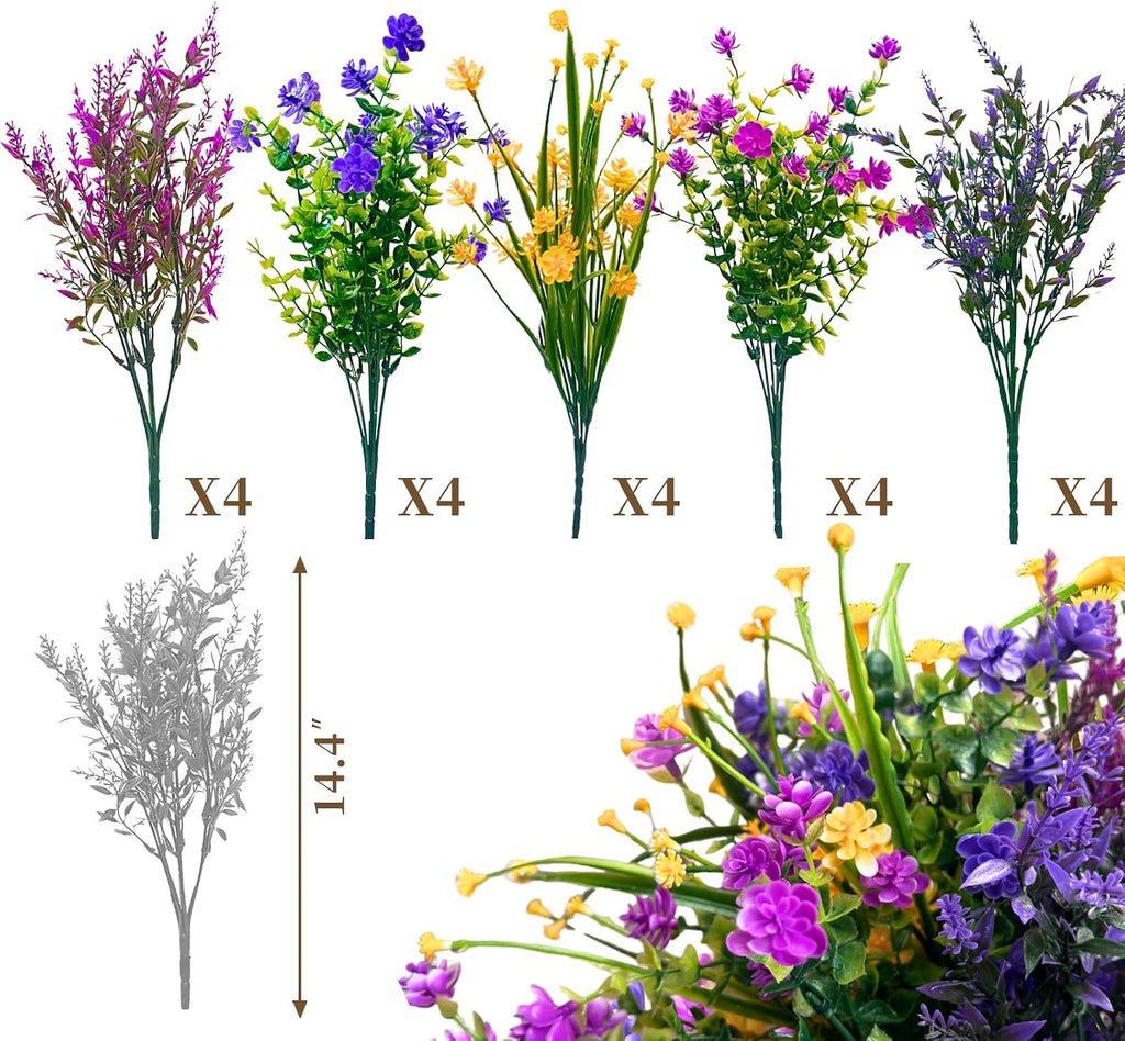20 Pcs Artificial Flowers Outdoor, Faux Artificial Plants UV Resistant Plastic Flower Bulk for Hanging Planter Porch Window Home Wedding Fall Summer Decor