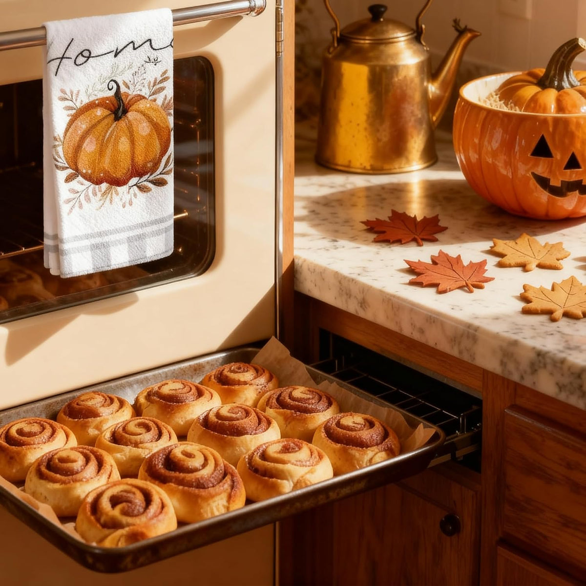 Fall Kitchen Towels Set of 4, Pumpkin Buffalo Plaid Home Decor