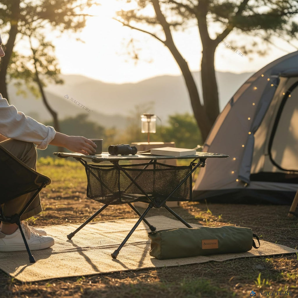 NACETURE Camping Table with Folding Legs and Mesh Storage Basket for Food, Coffee, or Camp Grill Accessories, Lightweight and Portable for Outdoor, Backpacking, Hiking, and Travel