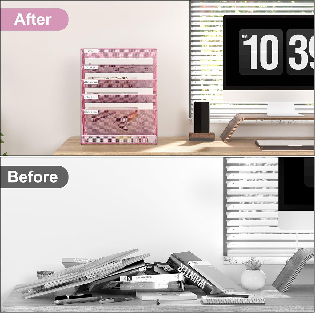 EasyPAG 5 Tier Wall File Holder, Mesh Hanging Folder Organizer with Classify Label, Versatile Desk File Holder, Vertical Wall Mounted Mail Organizer for Office Home Cubicle, Pink