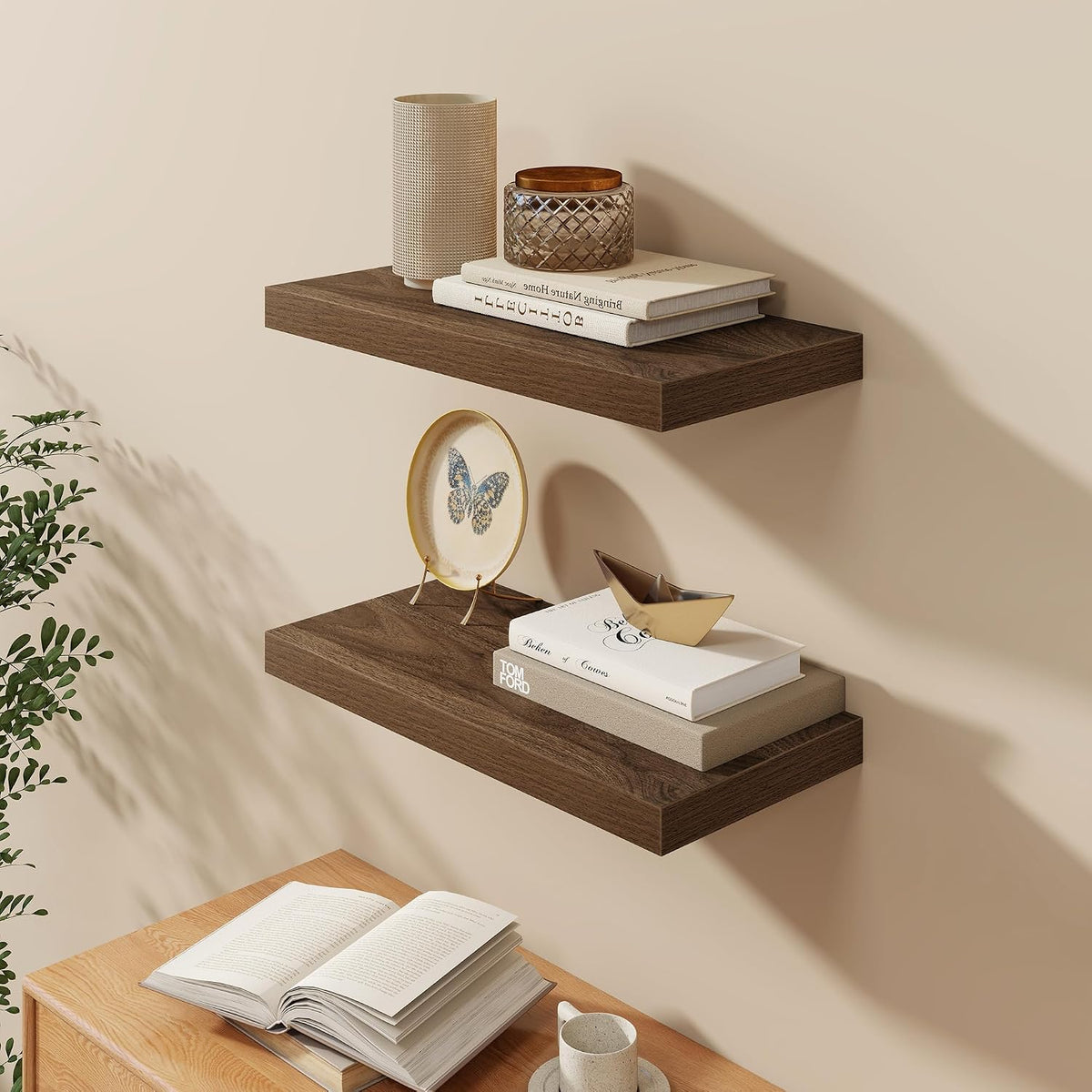 Fun Memories Floating Shelves 24 Inch Long, 9.3 Inch Deep Floating Shelf for Lving Room, Bedoom, Kitchen, Deep Wall Shelves for Bathroom, 2 Pack Storage Display Shelf for Books, Decors, Walnut