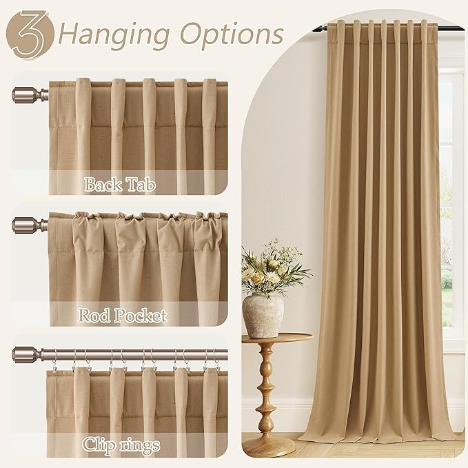 Guken Camel Brown 100% Blackout Linen Curtains 63 Inch Length 2 Panels Set - Image 6